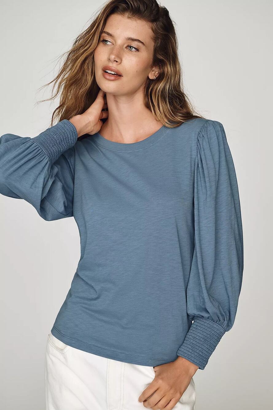 Nation Los Angeles V Scoop Neck Loren Puff-Sleeve Tee Top Blue XS